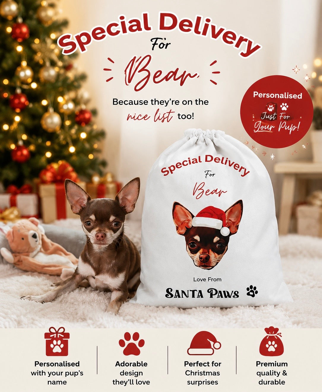 Personalised dog / pet Santa paws sack