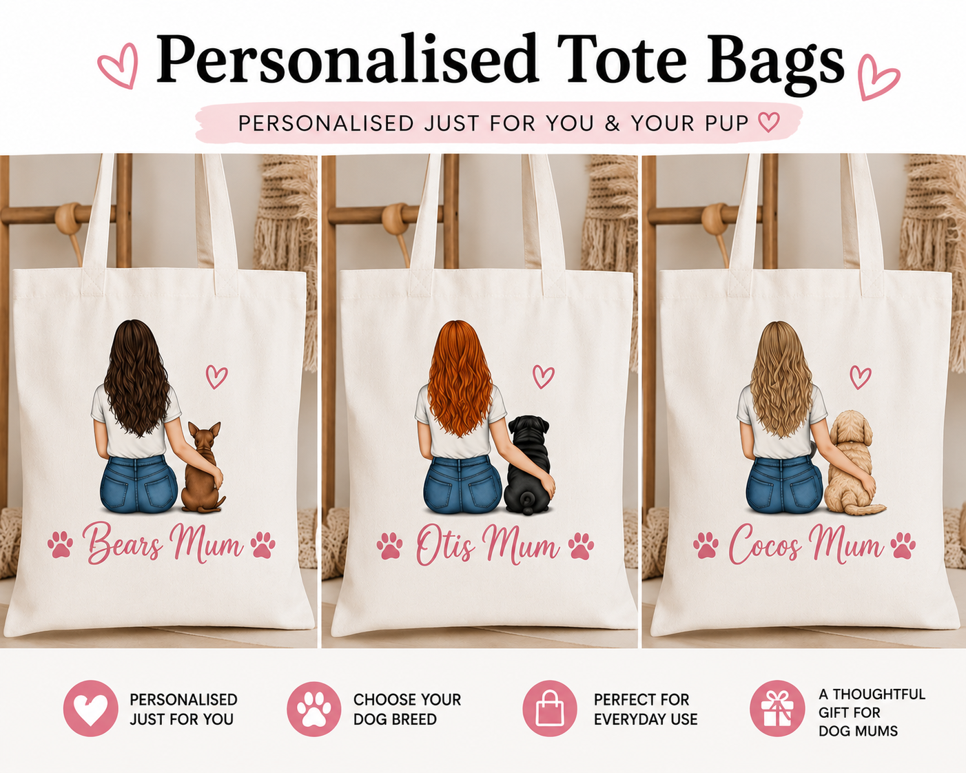 Personalised dog mum tote bags