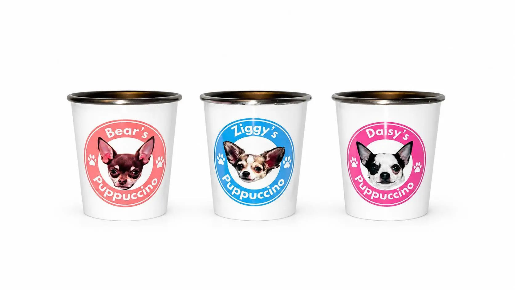Personalised dog puppuccino cups. with your own dog as image.